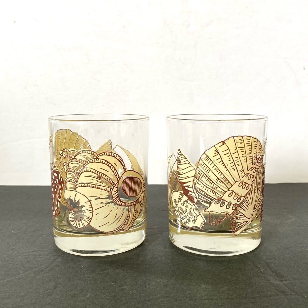 Vintage Tastesetter Seashell Design Low Ball Old Fashioned Glasses Set of 2